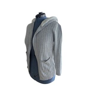 No Boundaries Women Gray Hooded Cardigan Sweater Ribbed Cozy L 11 13